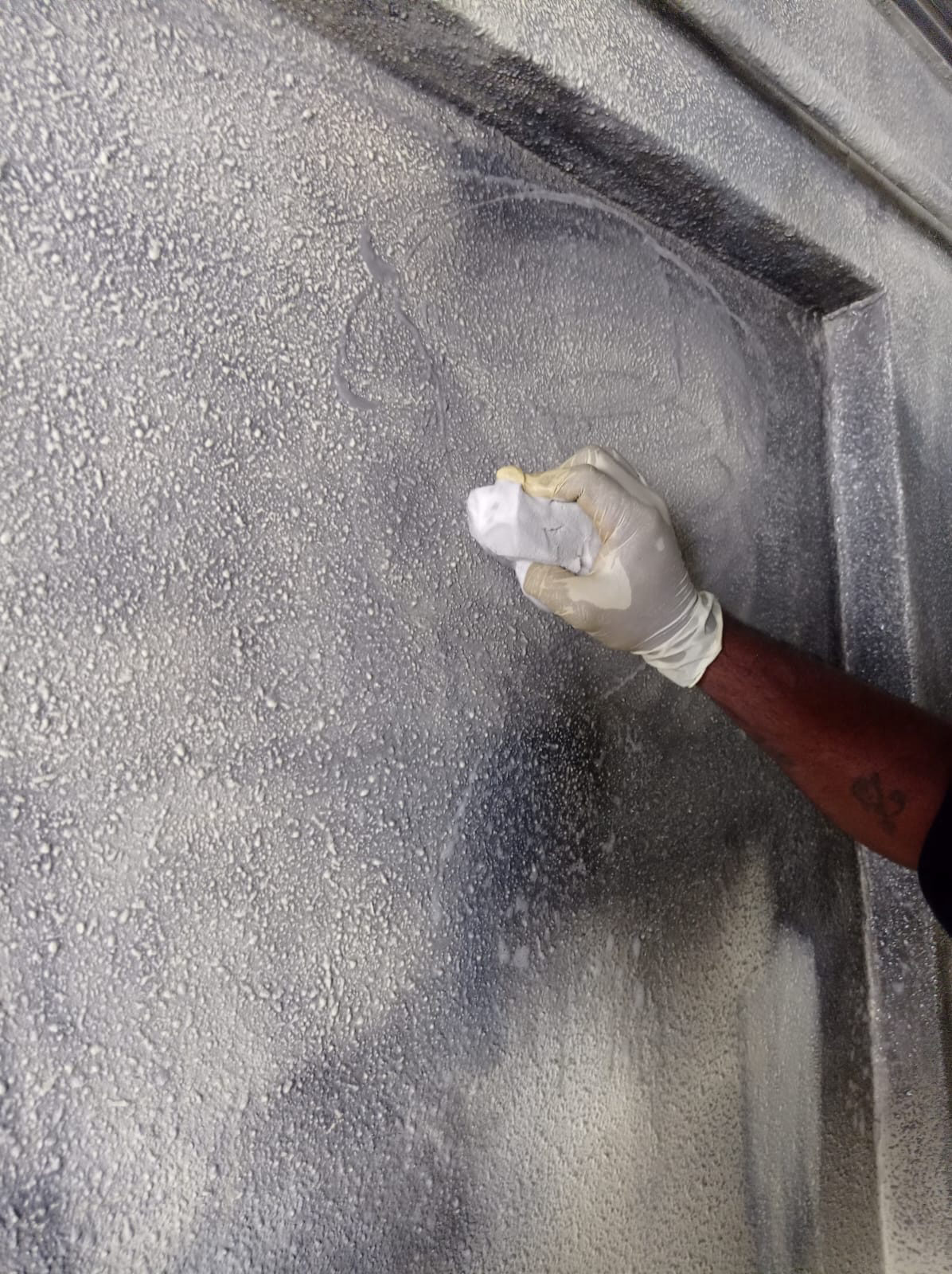 Technician using a moisture meter on a wall during a professional mold inspection