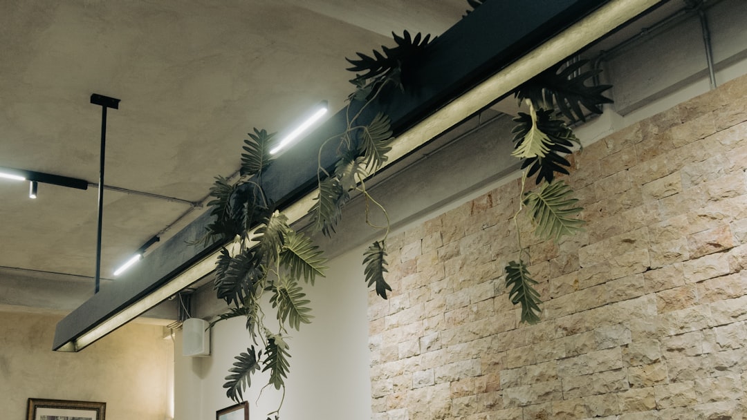 Hanging plants adorn a modern industrial ceiling light.
